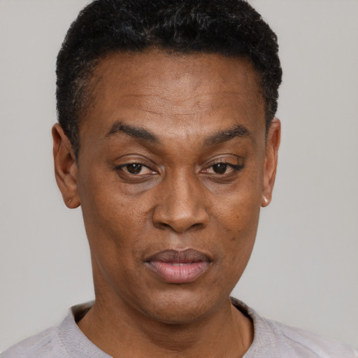Neutral black adult male with short  black hair and brown eyes