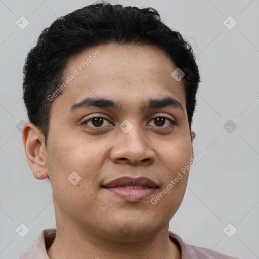 Joyful latino young-adult male with short  black hair and brown eyes