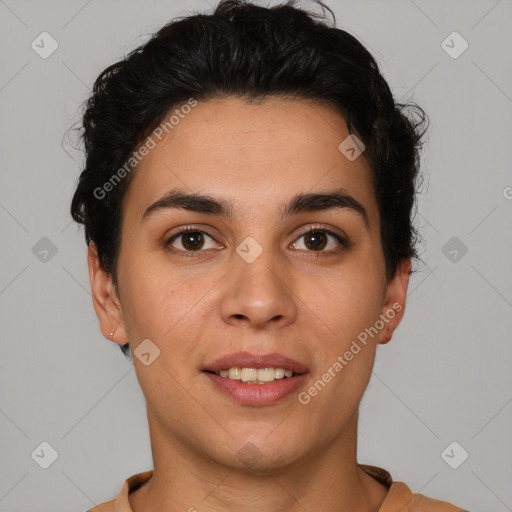 Joyful white young-adult female with short  brown hair and brown eyes