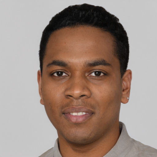 Neutral black young-adult male with short  black hair and brown eyes