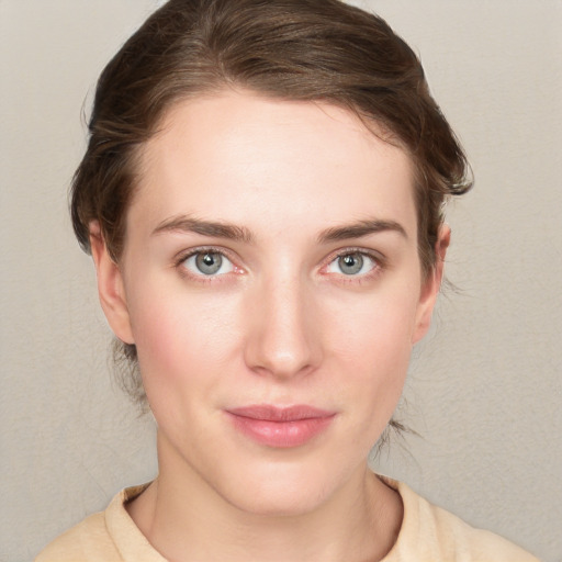 Neutral white young-adult female with medium  brown hair and blue eyes