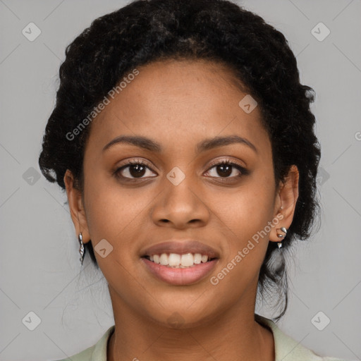 Joyful latino young-adult female with medium  black hair and brown eyes