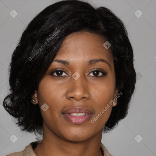 Joyful asian young-adult female with medium  black hair and brown eyes