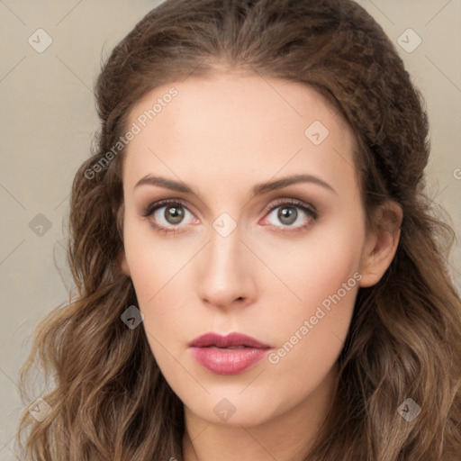 Neutral white young-adult female with long  brown hair and green eyes