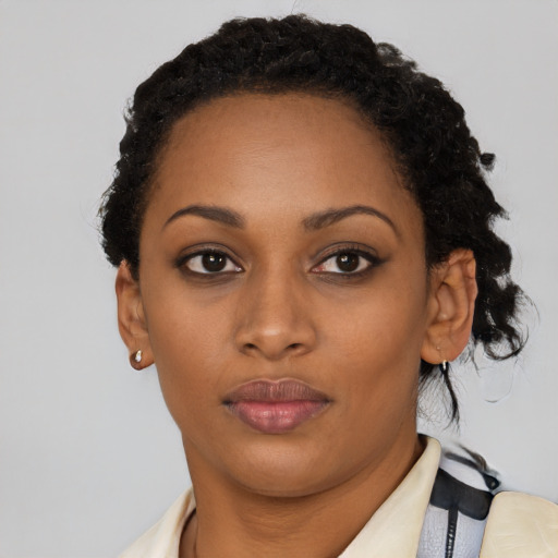 Neutral black young-adult female with short  black hair and brown eyes
