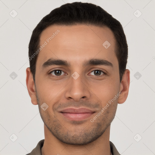 Joyful white young-adult male with short  brown hair and brown eyes