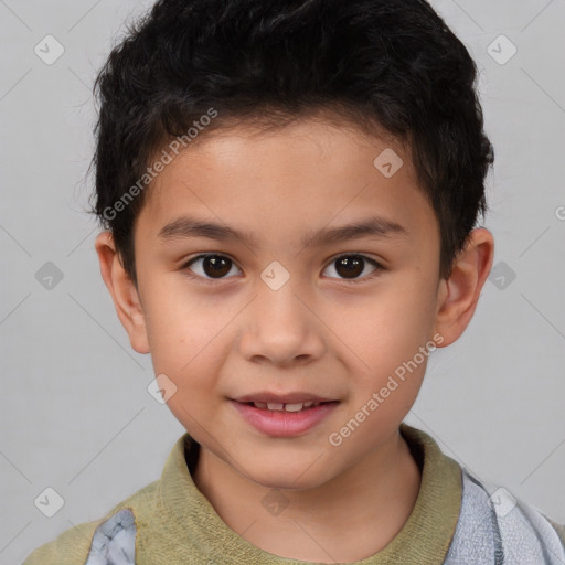 Joyful white child male with short  brown hair and brown eyes