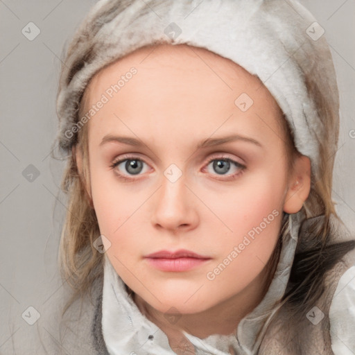 Neutral white young-adult female with medium  brown hair and blue eyes