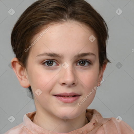 Joyful white child female with medium  brown hair and brown eyes