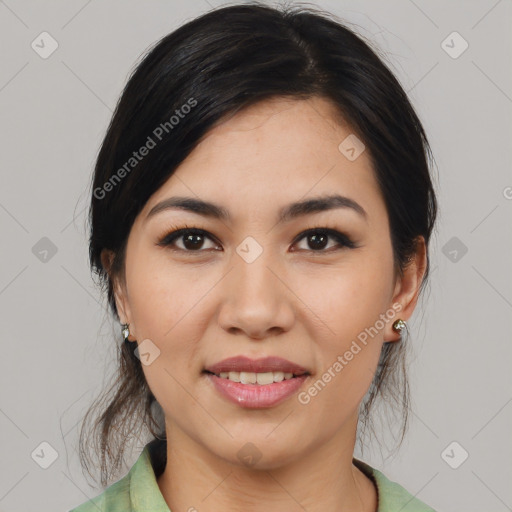 Joyful asian young-adult female with medium  black hair and brown eyes