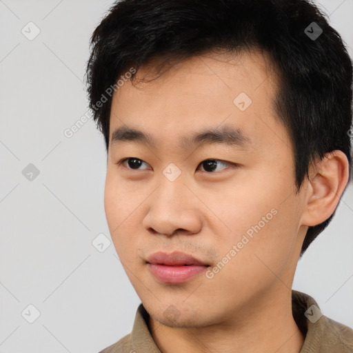 Neutral asian young-adult male with short  black hair and brown eyes