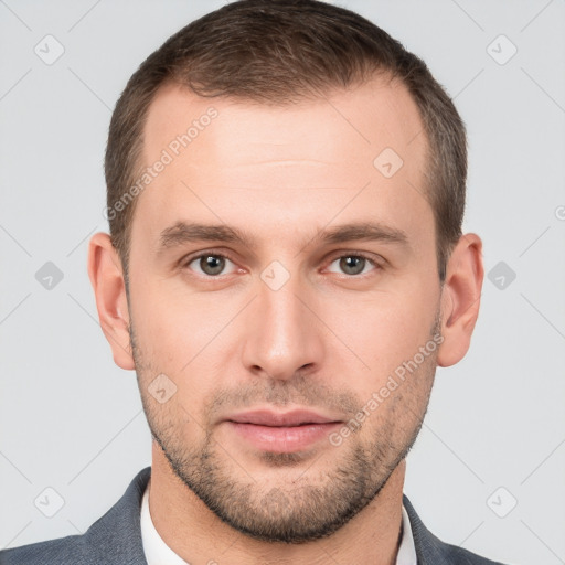 Neutral white young-adult male with short  brown hair and brown eyes