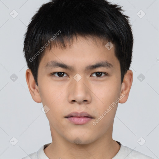 Neutral asian young-adult male with short  brown hair and brown eyes