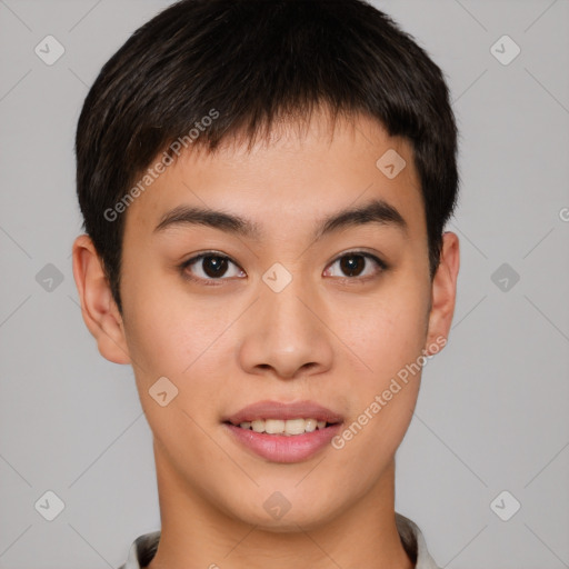 Joyful asian young-adult male with short  brown hair and brown eyes