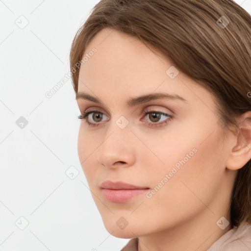 Neutral white young-adult female with medium  brown hair and brown eyes