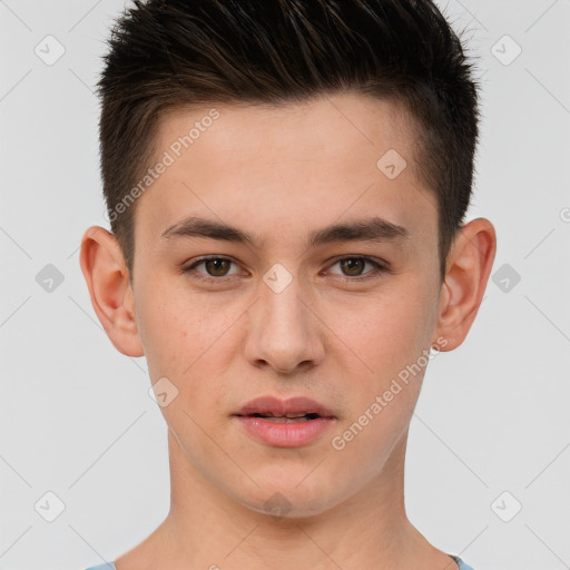 Neutral white young-adult male with short  brown hair and brown eyes