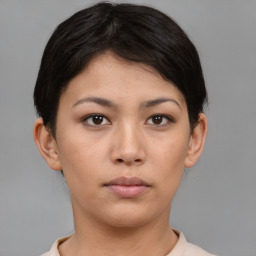 Neutral asian young-adult female with short  brown hair and brown eyes