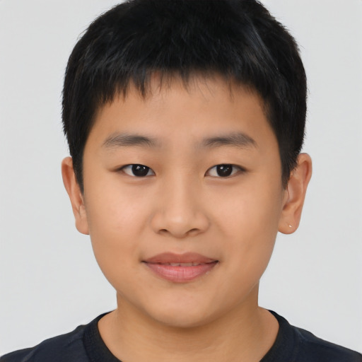 Joyful asian child male with short  brown hair and brown eyes