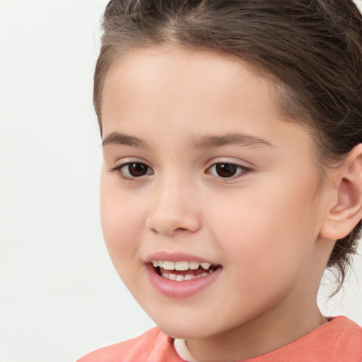 Joyful white child female with medium  brown hair and brown eyes