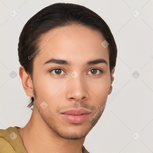 Neutral latino young-adult male with short  brown hair and brown eyes