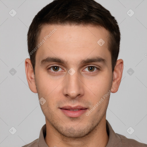 Neutral white young-adult male with short  brown hair and brown eyes