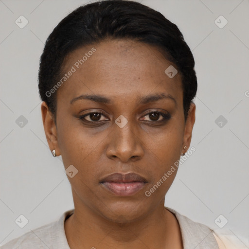 Neutral black young-adult female with short  black hair and brown eyes