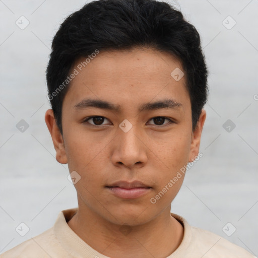 Neutral asian young-adult male with short  black hair and brown eyes