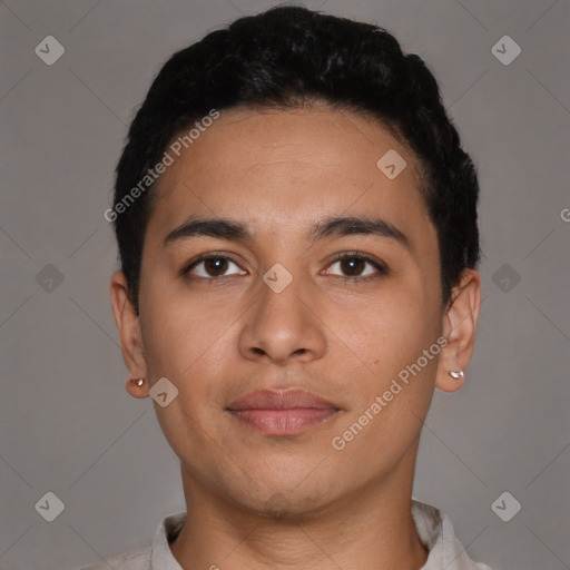 Neutral latino young-adult male with short  black hair and brown eyes