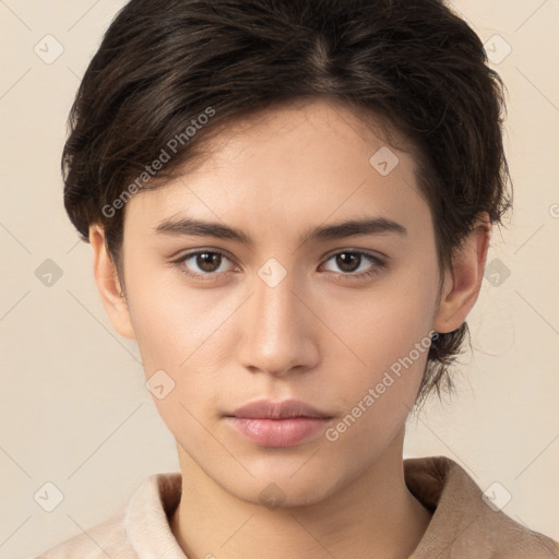 Neutral white young-adult female with short  brown hair and brown eyes