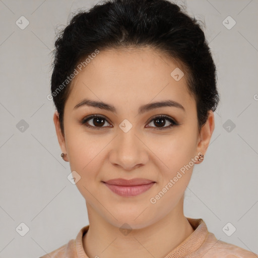 Joyful latino young-adult female with short  brown hair and brown eyes