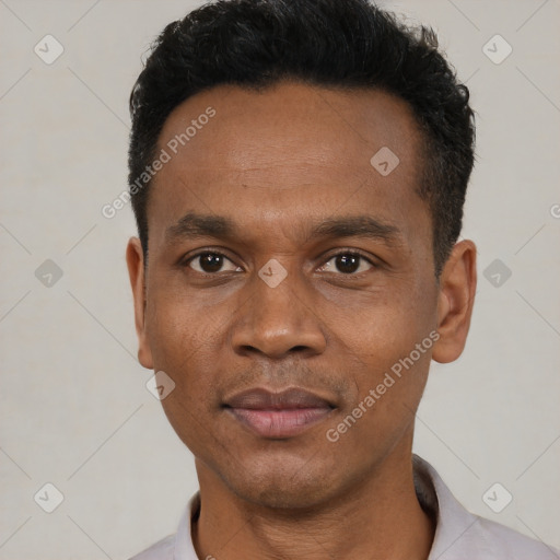 Neutral black young-adult male with short  black hair and brown eyes