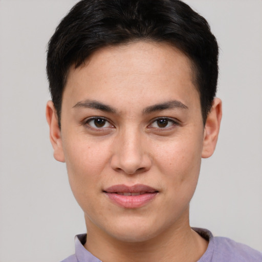 Joyful white young-adult female with short  brown hair and brown eyes