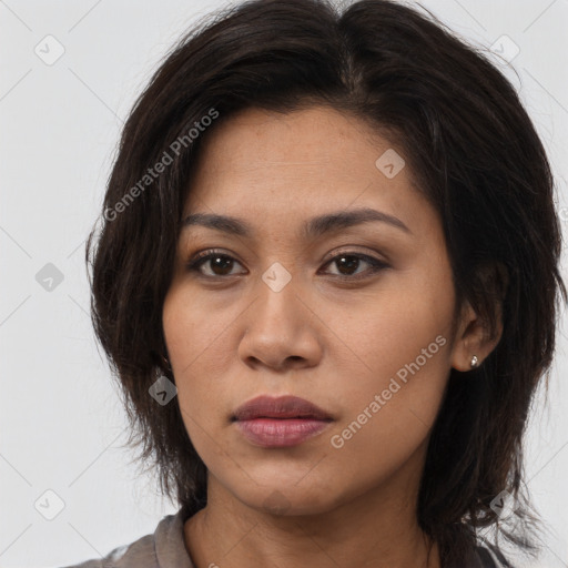 Neutral asian young-adult female with long  brown hair and brown eyes