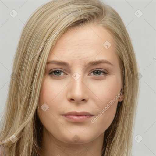 Neutral white young-adult female with long  brown hair and brown eyes