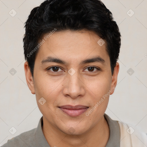 Joyful latino young-adult male with short  black hair and brown eyes