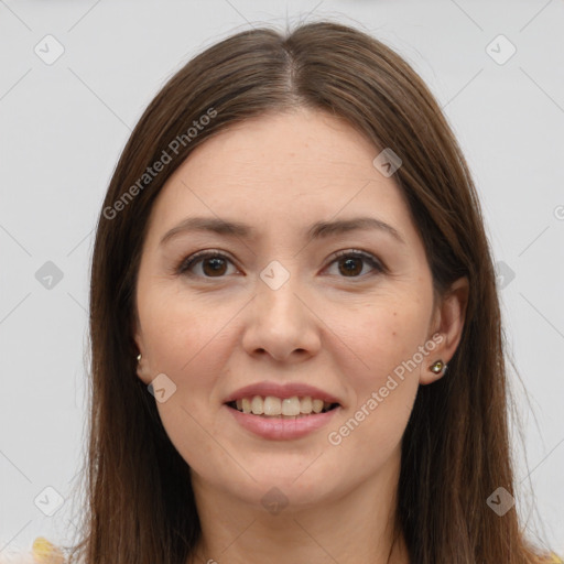 Joyful white young-adult female with long  brown hair and brown eyes