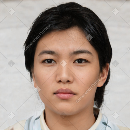 Neutral asian young-adult female with short  black hair and brown eyes