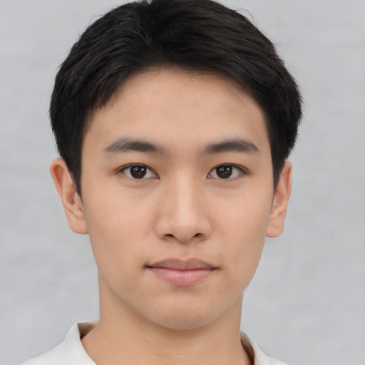 Neutral asian young-adult male with short  brown hair and brown eyes