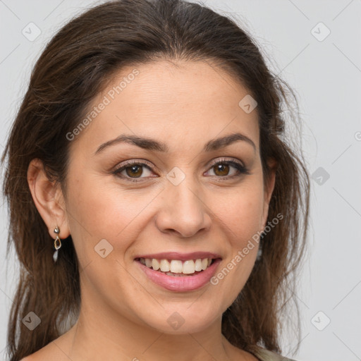 Joyful white young-adult female with long  brown hair and brown eyes