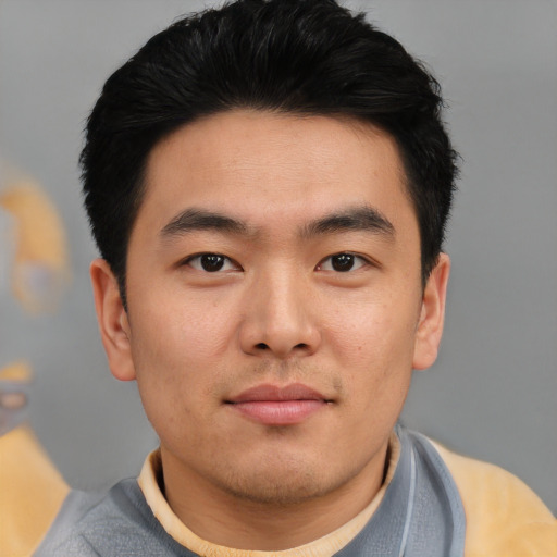 Neutral asian young-adult male with short  black hair and brown eyes