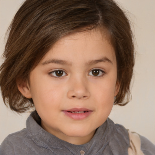 Joyful white child female with medium  brown hair and brown eyes