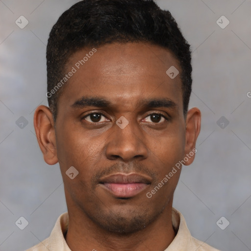 Neutral latino young-adult male with short  brown hair and brown eyes