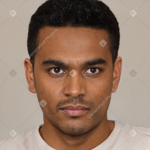 Neutral latino young-adult male with short  black hair and brown eyes