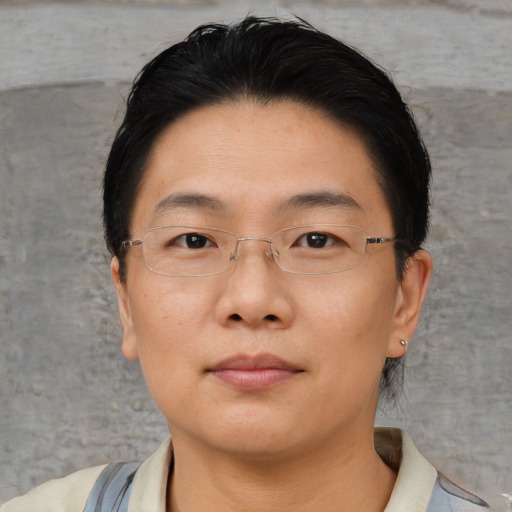 Neutral asian young-adult female with short  brown hair and brown eyes
