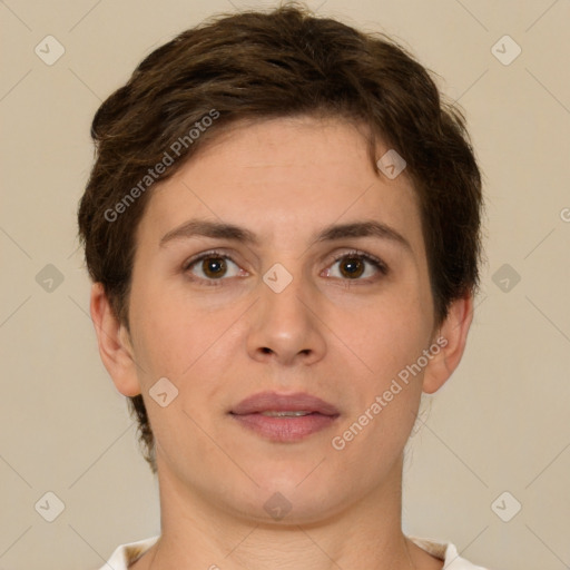 Neutral white young-adult female with short  brown hair and brown eyes