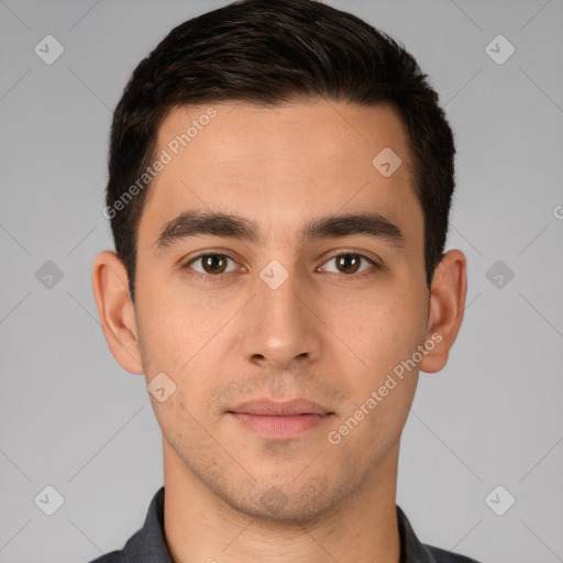 Neutral white young-adult male with short  brown hair and brown eyes