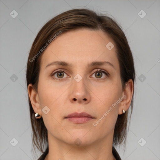 Neutral white young-adult female with medium  brown hair and brown eyes