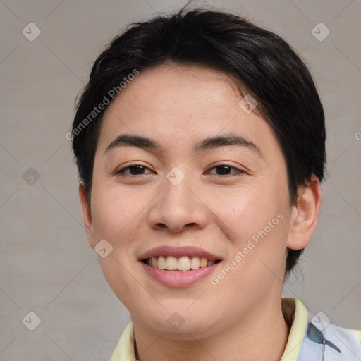 Joyful asian young-adult female with short  brown hair and brown eyes