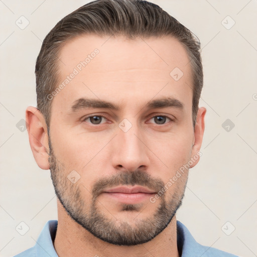 Neutral white young-adult male with short  brown hair and brown eyes