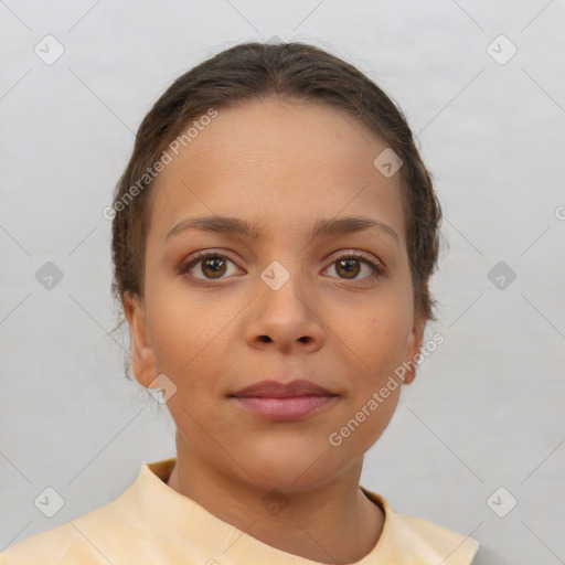 Neutral white young-adult female with short  brown hair and brown eyes